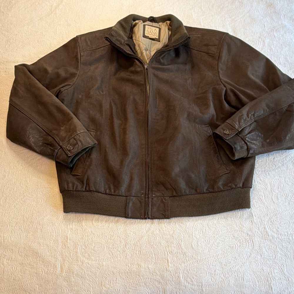 Jos. A. Bank Flight Map Brown Leather Bomber Jacket XLL Tall Lined 8004-01151